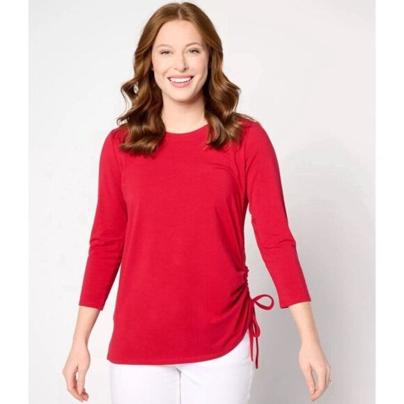Belle by Kim Gravel Primabelle Knit 3/4 Sleeve Side Ruched Top Americana red 1X - Picture 1 of 1
